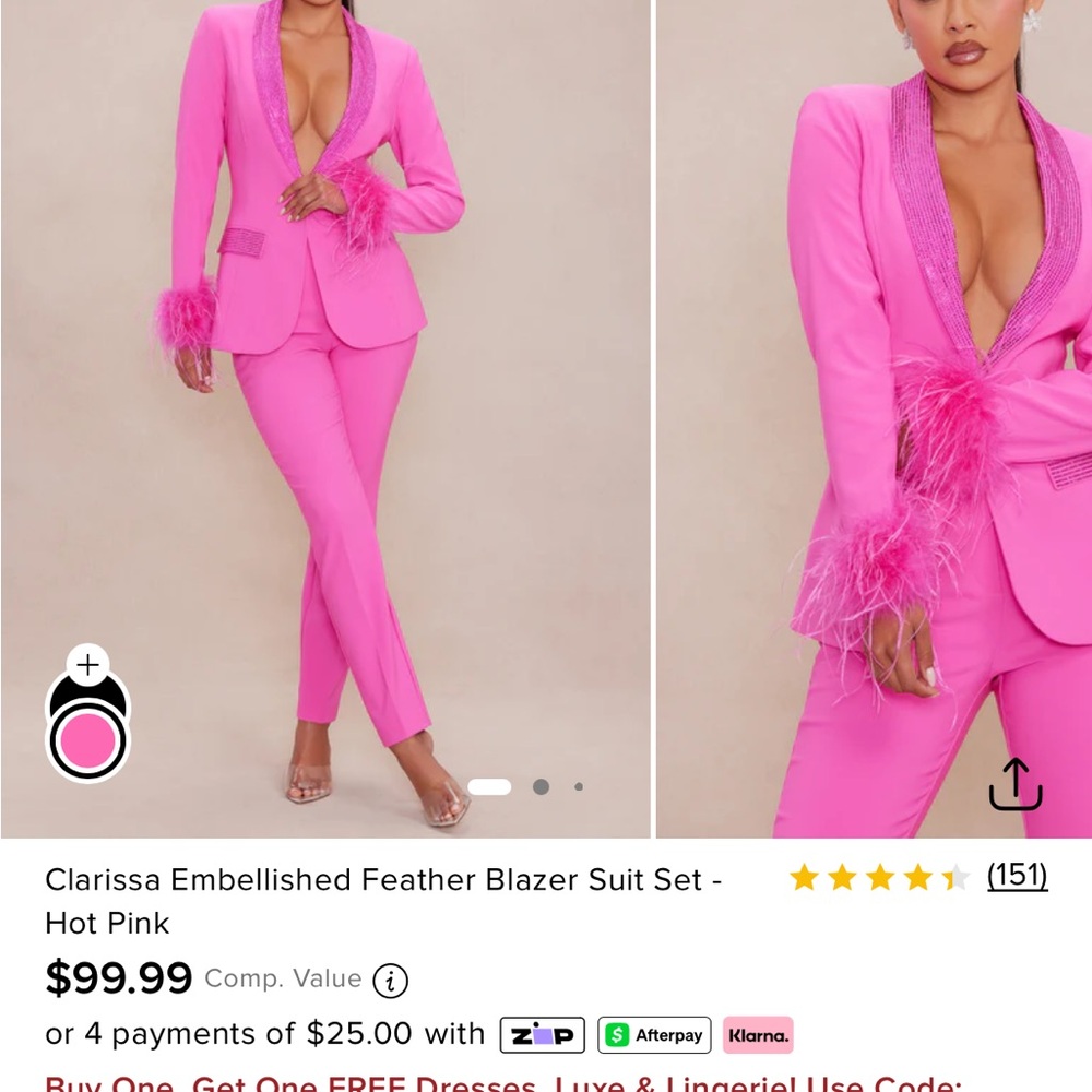 Hot Pink Embellished Feather Blazer Suit Set